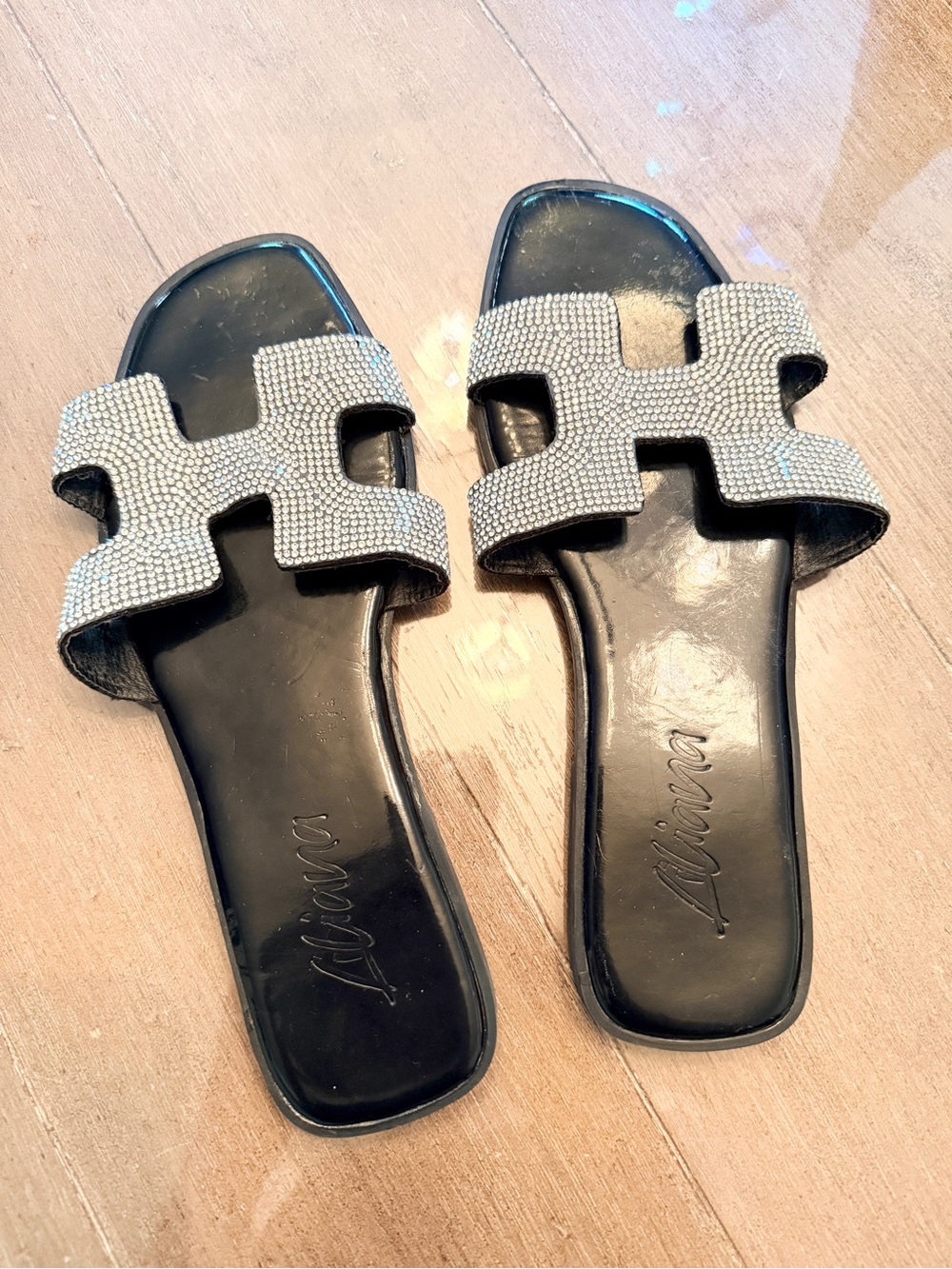 Black Rhinestone H Slide Sandals Size 7